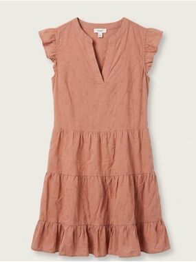 Blu Pepper Linen Tiered Ruffle-Sleeve Dress - Dusty Rose/Terra Cotta Med